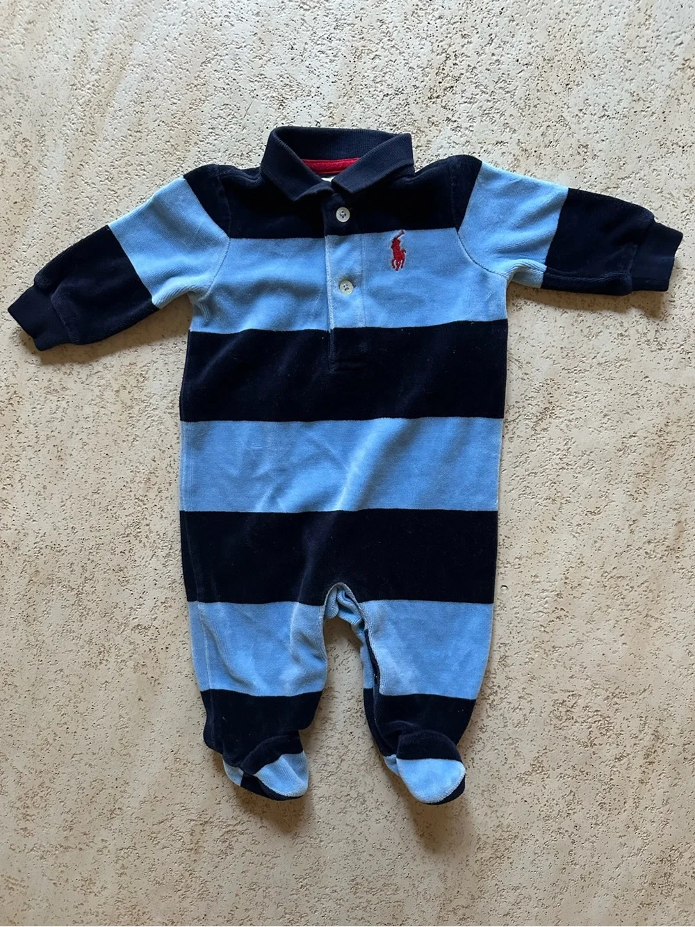 Ralph Lauren Light Blue and Navy Striped Velour Footed One-Piece
